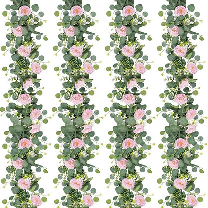 TOCHGREEN 2 Pack 13Ft Artificial Eucalyptus Flower Garland with Pink Roses, Fake Rose Flower Greenery Garland Floral Vines for Wedding Home Party Table Runner Decor (4PCS, Pink)