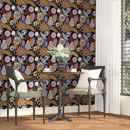 Dark Boho Wallpaper Peel and Stick,Vintage Black Yellow Purple Floral Contact Paper, Botanical Flowers Retro Wall Paper Self Adhesive Removable Waterproof for Walls Shelves Cabinet Table 17.5" x 118"