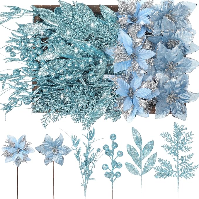 60 Pcs Christmas Glitter Branches 6 Styles Artificial Christmas Picks Berries Stems Poinsettia Flowers Pine Needles Floral Twig Spray for Xmas Tree Ornaments DIY Wreath Garland(Light Blue)