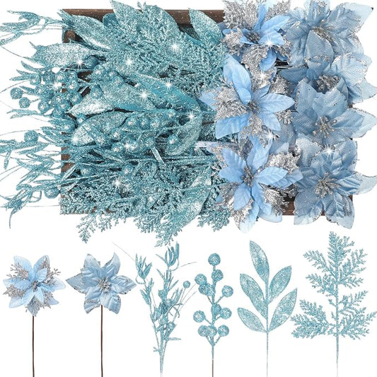 60 Pcs Christmas Glitter Branches 6 Styles Artificial Christmas Picks Berries Stems Poinsettia Flowers Pine Needles Floral Twig Spray for Xmas Tree Ornaments DIY Wreath Garland(Light Blue)
