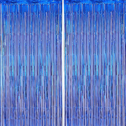 2 Pack Blue Foil Fringe Backdrop Curtains, Tinsel Streamers Party Decorations, Fringe Backdrop for Graduation, Disco Party