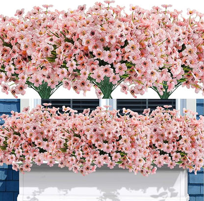 Uieke Artificial Fake Flowers, 16 Bundles Outdoor Plastic Flowers Cemetery Flowers UV Resistant No Fade Floral Arrangements Outside Hanging Planter Home Garden Porch Window Box Décor (Pink)