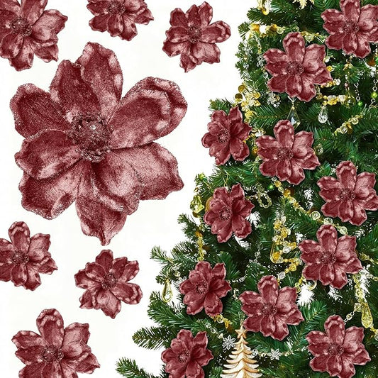 20 Pcs Christmas Glitter Poinsettia Magnolia Flowers Ornaments Large Heads Artificial Magnolia Flowers for Christmas Tree Xmas Wreath Holiday Wedding Decor(Rose Gold)