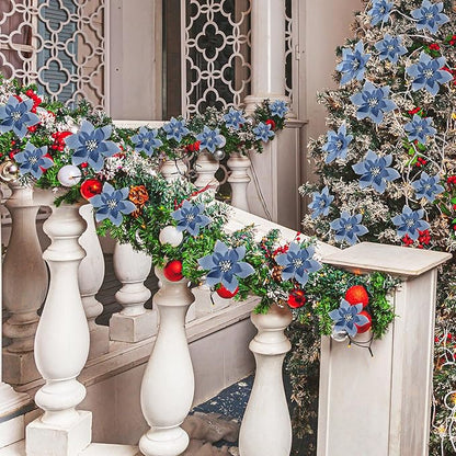 WILLBOND 24 Pcs 3 Size Poinsettia Flower Artificial Christmas Decor Glitter Poinsettia Christmas Ornaments Faux Flowers for Xmas Tree Outdoor(4/6/7.9 Inches,Dusty Blue)