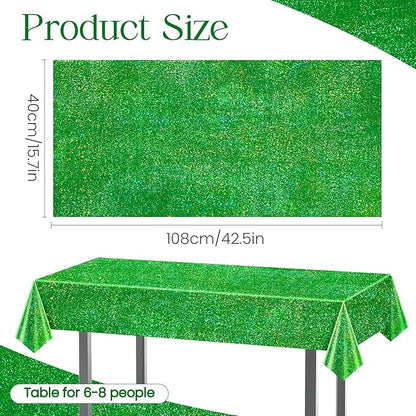 4 pcs Green Holographic Laser Tablecloth 40" x 108" Christmas Table Cloth Shimmer Shining Plastic Metallic Table Cover for Jungle Safari Wild One Baby Shower Birthday Party Decoration Supplies