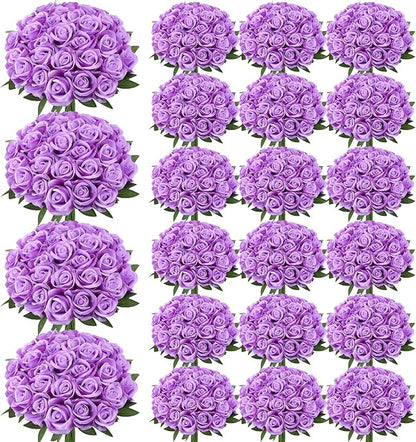 150 Pcs Roses Artificial Flowers, Silk Purple Artificial Flowers Petals Long Stem Roses for Wedding Bouquet Home Party Decor