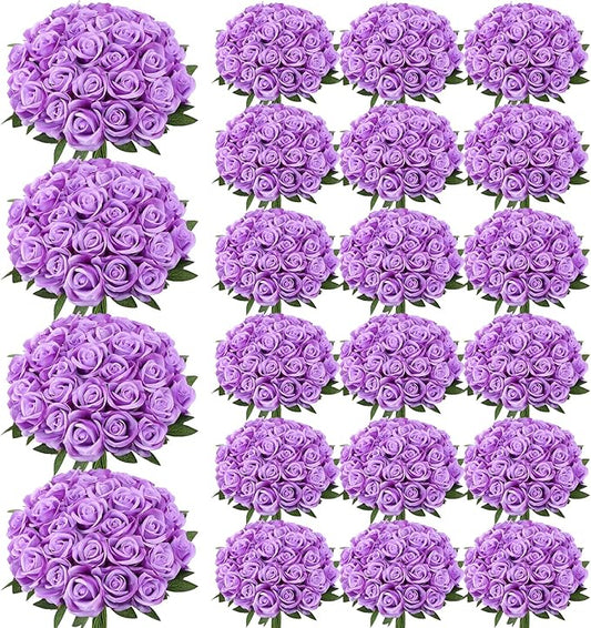 150 Pcs Roses Artificial Flowers, Silk Purple Artificial Flowers Petals Long Stem Roses for Wedding Bouquet Home Party Decor