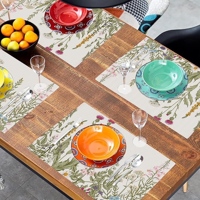 Wild Flowers Placemats Set of 4,Vintage Floral Plant 12x18 Inch Non-Slip Washable Heat Resistant Linen Fabric Table Mats,Place Mats for Holiday Party