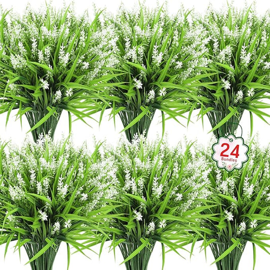 Ouddy Decor 24 Bundles Artificial Flowers for Outdoors, Fake Lavender Flowers Monkey Grass Faux Plastic Plants Shrubs UV Resistant for Porch Garden Window Box Office Home Decorations, White