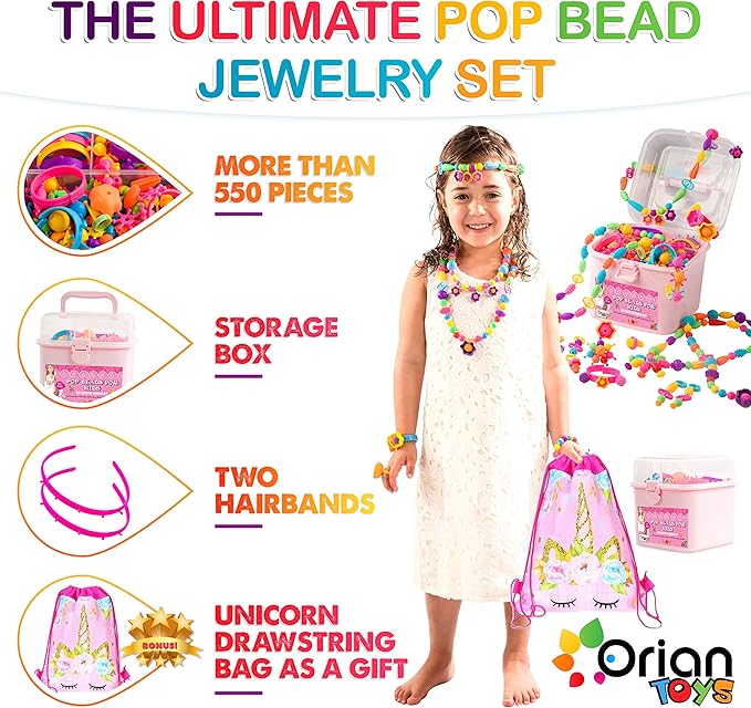 Orian Pop Beads Jewelry Kit for Girls – 550+ Colorful Snap Beads to Create Bracelets, Necklaces & Rings, Fun DIY Set with Unicorn Gift Bag, Ages 3+