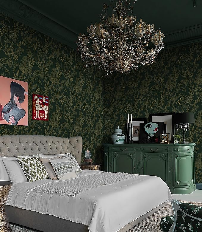 Dark Green and Gold Wallpaper Floral Peel and Stick Wallpaper Vintage Flower and Leaf Contact Paper for Cabinets Self-Adhesive Removable Wallpaper for Bedroom Bathroom Kitchen 118"x17.3"