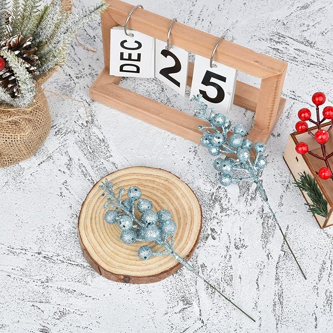 Lvydec 16pcs Christmas Glitter Berry Stems, 7.8" Artificial Christmas Picks for Christmas Tree Ornaments, DIY Xmas Wreath, Crafts, Holiday and Home Decor (Light Blue)