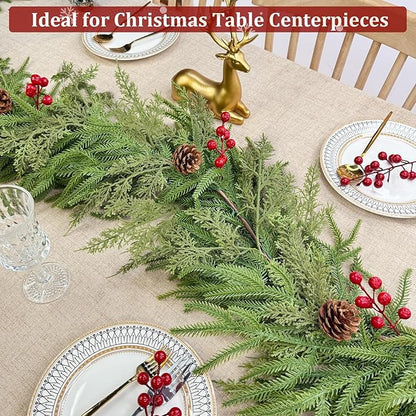 6 Ft by 10 Inch Prelit Christmas Garland with Lights Timer 8 Modes, Real Touch Norfolk Pine Garland 100 Pine Cypress Tips Pinecones Berried Cedar Garlands Thick Greenery Garlands for Home Table Mantle