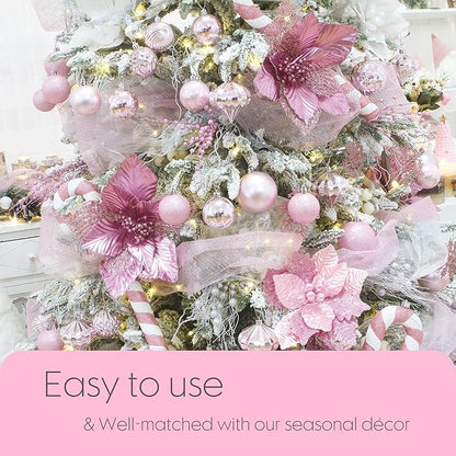 Sea Team 24-Pack Artificial Glitter Berry Stem Ornaments, Decorative Bead Sticks, Glittery Twigs, Picks, Branches for Christmas Tree, Small Vase, Holiday, Wedding, Party (17 Inches, Pink)