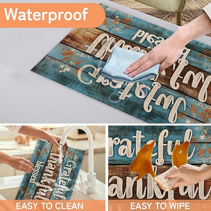 Grateful Thankful Blessed Placemats Set of 6,Wood Grain Dinner Table Mats Non-Slip Washable Mats for Kitchen Dinner Party Tablemat 12x18Inch