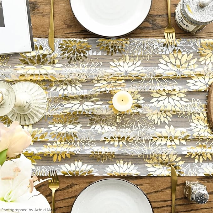 Artoid Mode Beige Gold Dahlia Flower Gauze Table Runner 120 Inch 10FT, Glitter Metallic Foil Seasonal Sheer Dining Holiday Table Decor for Home Party