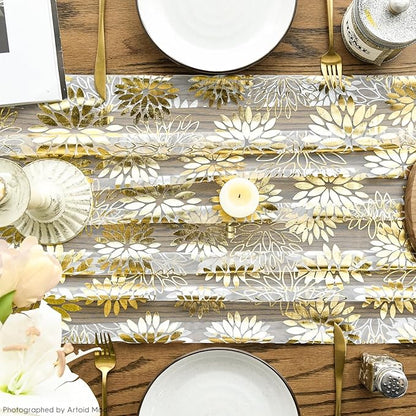 Artoid Mode Beige Gold Dahlia Flower Gauze Table Runner 120 Inch 10FT, Glitter Metallic Foil Seasonal Sheer Dining Holiday Table Decor for Home Party