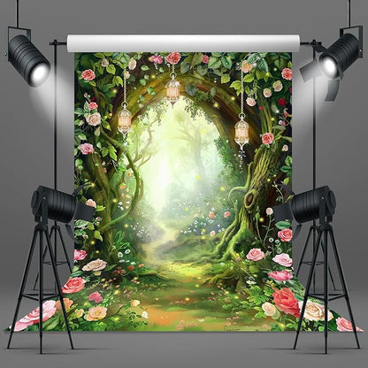 Riyidecor Enchanted Fairy Backdrop Polyester Fabric Fantasy Spring Wonderland Flower Greenery Woodland Tale 6Wx8H Feet Rose Nature Tree Photography Background Birthday Baby Shower Photo Studio Shoot