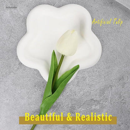 30pcs Tulips Artificial Flowers, Artificial Latex Real Touch Tulips Flowers Bouquet for Mother's Day Easter Wedding Party Home Decor-White