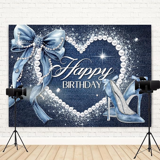 Denim and Diamonds Bow Backdrop 7Wx5H Photography Blue Coquette Happy Birthday for Women Girls Birthday Banner Background Silver High Heels Party Decorations Banner Photo Booth Props Supplies
