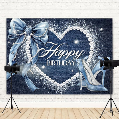Denim and Diamonds Bow Backdrop 7Wx5H Photography Blue Coquette Happy Birthday for Women Girls Birthday Banner Background Silver High Heels Party Decorations Banner Photo Booth Props Supplies