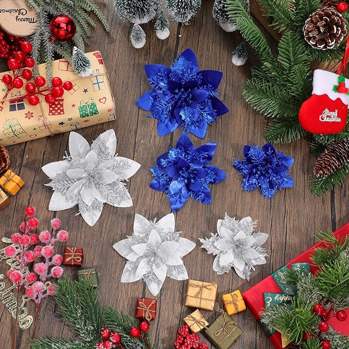Geosar 24 Christmas Glitter Artificial Poinsettia Flowers Xmas Poinsettia Wedding Flowers Decorations Xmas Tree Ornaments with Clips for Party Favors, 6 Inch, 4 Inch, 3 Inch (Blue and Sliver)