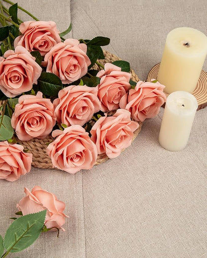 DuHouse 10pcs Silk Roses Artificial Flowers Fake Rose for Arrangement Wedding Party Home Decoration (Light Coral)