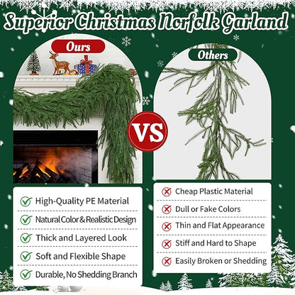 Palonu 1Pack 6Ft Artificial Norfolk Garland, Faux Christmas Greenery Touched Like Real Needles Pine, Decoration for Table Mantle Wall Porch Fireplace Indoor Outdoor Winter Holiday Décor