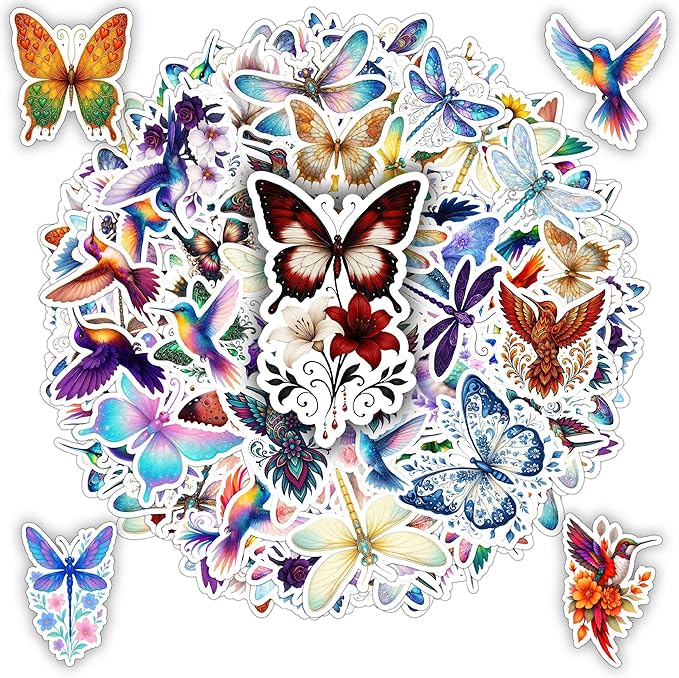 100 PCS Butterfly Dragonfly Hummingbird Stickers Pack, Vinyl Waterproof Decals of Colorful Butterflies Delicate, Gift for Teens Adults Students Wall Decor Laptop Water Bottle Scrapbook Helmet