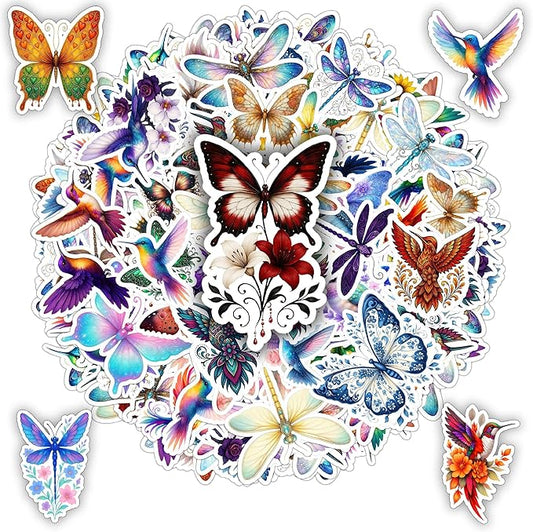 100 PCS Butterfly Dragonfly Hummingbird Stickers Pack, Vinyl Waterproof Decals of Colorful Butterflies Delicate, Gift for Teens Adults Students Wall Decor Laptop Water Bottle Scrapbook Helmet