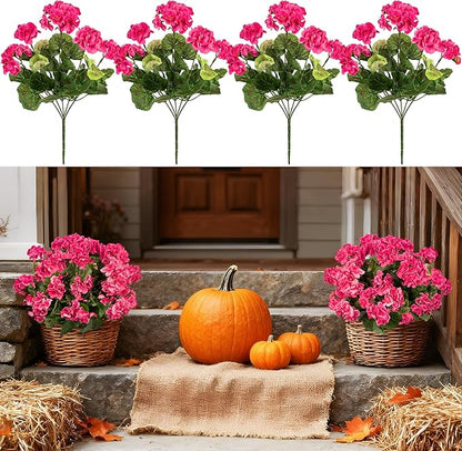 4PCS Home Decor Fake Plants Artificial Flowers Artificial Geraniums Outdoor Fake Flowers Artificial Flowers Fake Silk Bouquet, Fall Decor for Interior Porch Garden Decoration 14.4"(Rose Red)