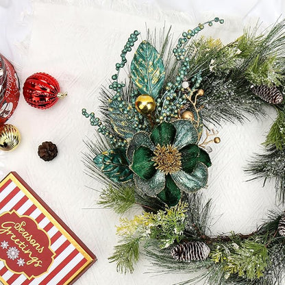 Briful 2PCS Christmas Glitter Magnolia Flowers Picks and Spray with Christmas Balls Ornament Berries Green Leaves Branches for Xmas Tree Wreath Vase Table Centerpiece(Green Gold)