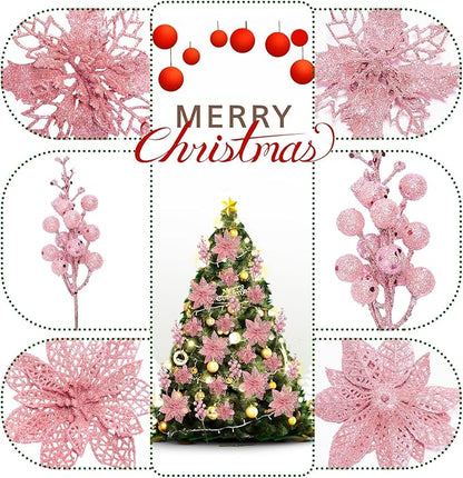 22-Piece Christmas Poinsettia Artificial Flower and Glitter Berries Kit with Tree Ornaments and Picks for Holiday Decor
