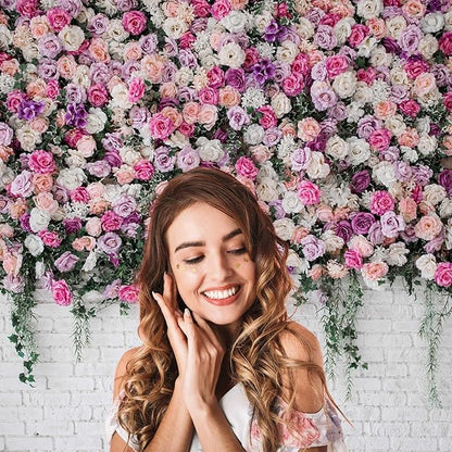Rose Flowers Backdrop Beautiful Decorative Colorful Roses and Peonies on Brick White Wall Photography Background Interior Wedding Party Decorations Summer Flowers on Wall Building Props 7x5ft