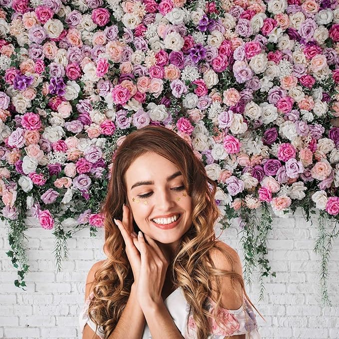 Rose Flowers Backdrop Beautiful Decorative Colorful Roses and Peonies on Brick White Wall Photography Background Interior Wedding Party Decorations Summer Flowers on Wall Building Props 20x10ft