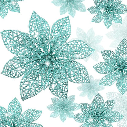 Boao Teal 24 Pieces Poinsettia Flower Christmas Glitter Artificial Poinsettia with Clips Christmas Tree Ornament Decorations for DIY Xmas Wreath Holiday Home Party Decor, 3/4/6 Inches