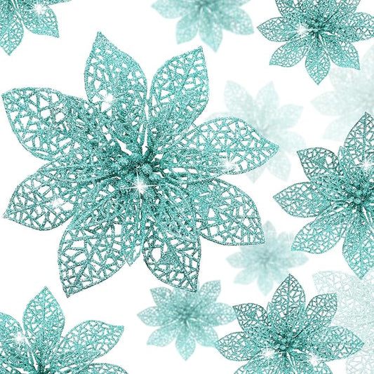 Boao Teal 24 Pieces Poinsettia Flower Christmas Glitter Artificial Poinsettia with Clips Christmas Tree Ornament Decorations for DIY Xmas Wreath Holiday Home Party Decor, 3/4/6 Inches