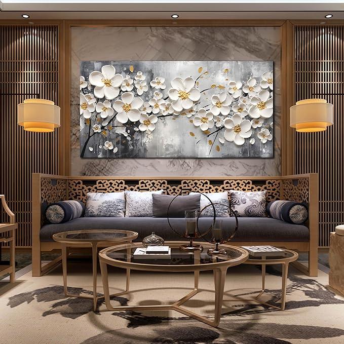 Large Pictures for Living Room - White Flower Canvas Wall Art for Bedroom - Modern Wall Decor for Office Women Size 29" x 59"