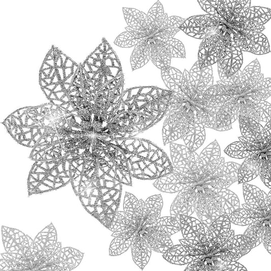 Boao Silver 24 Pieces Poinsettia Flower Christmas Glitter Artificial Poinsettia with Clips Christmas Tree Ornament Decorations for DIY Xmas Wreath Holiday Home Party Decor, 3/4/6 Inches