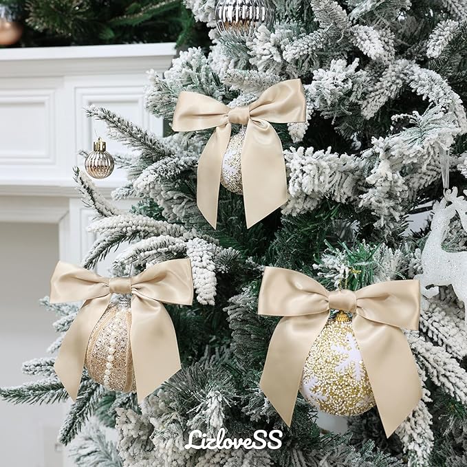 Champagne Satin Ribbon Twist Tie Bows 5 Inch Pre-Tied Champagne Gold Gift Bows for Crafts, Treat Bags, Party Favors, Wedding, Baby Shower, Candy Apple, Christmas Tree (36 Pack)