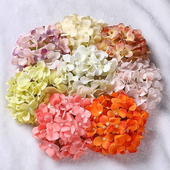 Silk Hydrangea Heads with Stems Artificial Flowers Heads for Home Wedding Decor,Pack of 10 (Light Purple)
