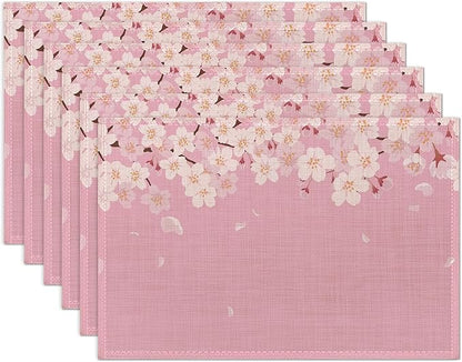 Japanese Cherry Blossom Placemats Set of 6 Washable Table Mats for Kitchen Dining Table,Heat-Resistant Pink Flowers Place Mats for Indoor Outdoor Party Holiday Decoration