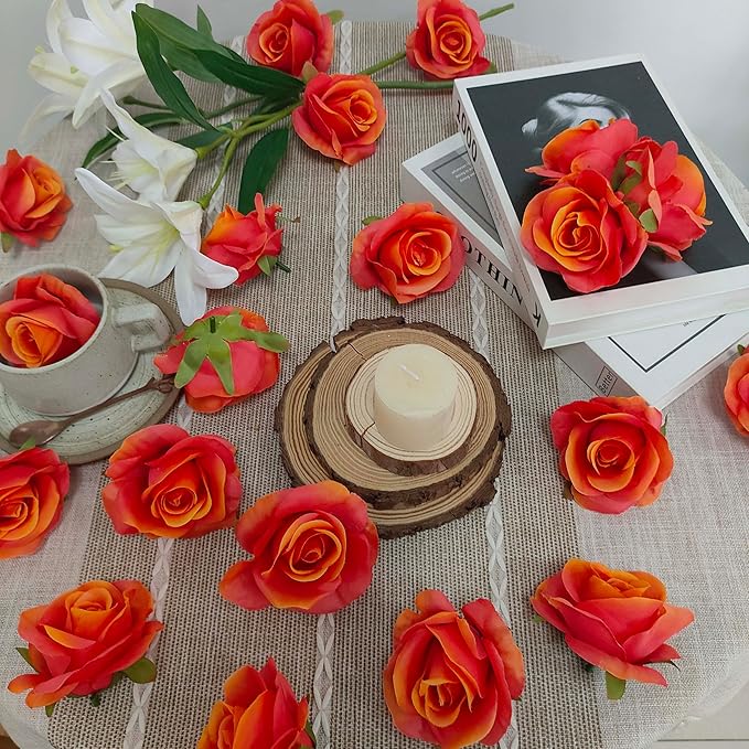 Artificial Satin Sunset Red Rose Flower Heads,42 Pcs Orange Red Silk Rose Heads with Stems,3.5'' Rose Artificial Flowers Bulk,Artificial Rose Flower Heads for DIY Crafts Bouquet (42, Sunset red)