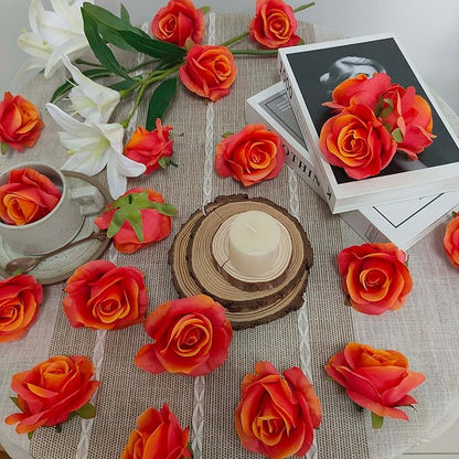 Artificial Satin Sunset Red Rose Flower Heads,42 Pcs Orange Red Silk Rose Heads with Stems,3.5'' Rose Artificial Flowers Bulk,Artificial Rose Flower Heads for DIY Crafts Bouquet (42, Sunset red)