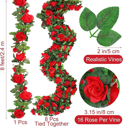 Aneco 8 Pack 64 FT Red Flower Garland Artificial Rose Vines Roses Fake Vine Flowers Plants Party Supplies for Holiday Wedding Garden Craft Art Decoration