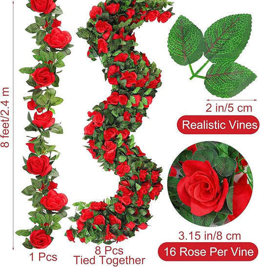 Aneco 8 Pack 64 FT Red Flower Garland Artificial Rose Vines Roses Fake Vine Flowers Plants Party Supplies for Holiday Wedding Garden Craft Art Decoration