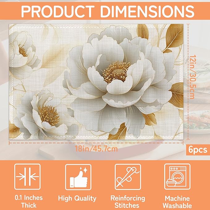 Vintage Peony Placemats Set of 6,White Gold Flower Waterproof Heat Resistant Dining Table Plate Mat for Home Kitchen Dining Table 12x18Inch