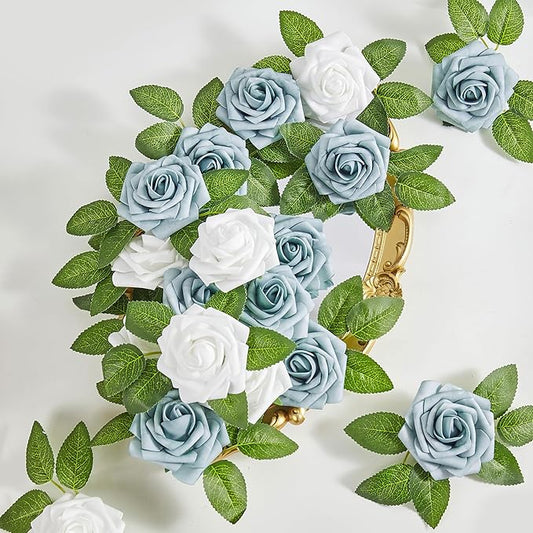 Artificial Flowers, 25pcs Dusty Blue and White Artificial Rose for DIY Wedding Bouquets Centerpieces Arrangements, Fake Flower with Stems for Party Home Decorations