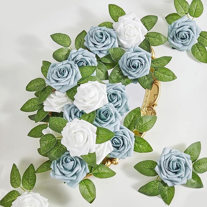 Artificial Flowers, 50pcs Dusty Blue and White Artificial Rose for DIY Wedding Bouquets Centerpieces Arrangements, Fake Flower with Stems for Party Home Decorations