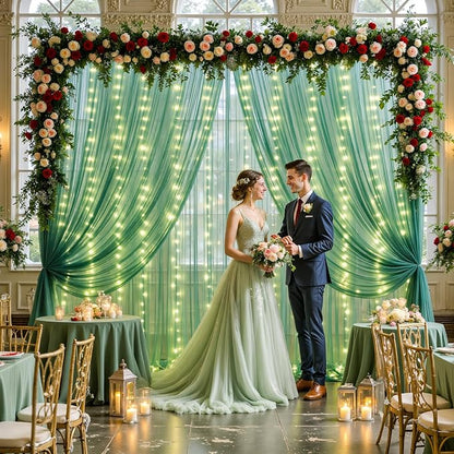 10ft x 8ft Hunter Green Tulle Photo Backdrop Curtain with Lights String for Christmas Party Sheer Curtain Backdrop Drapes for Birthday Party Holiday Wedding Photo Booth Background Room Decorations